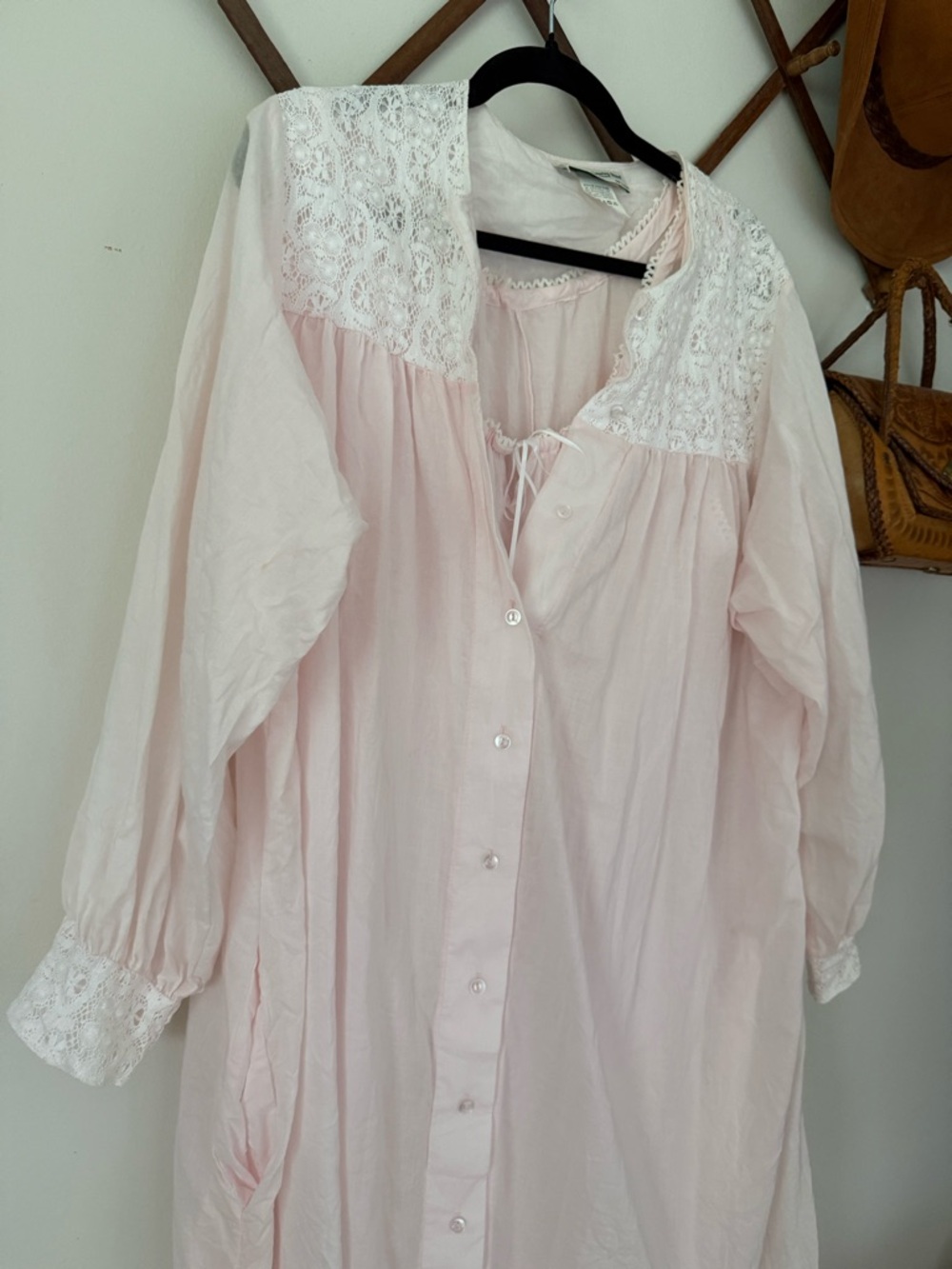 Delicate Pale Pink Lace-Trim Cotton Robe and Nightgown